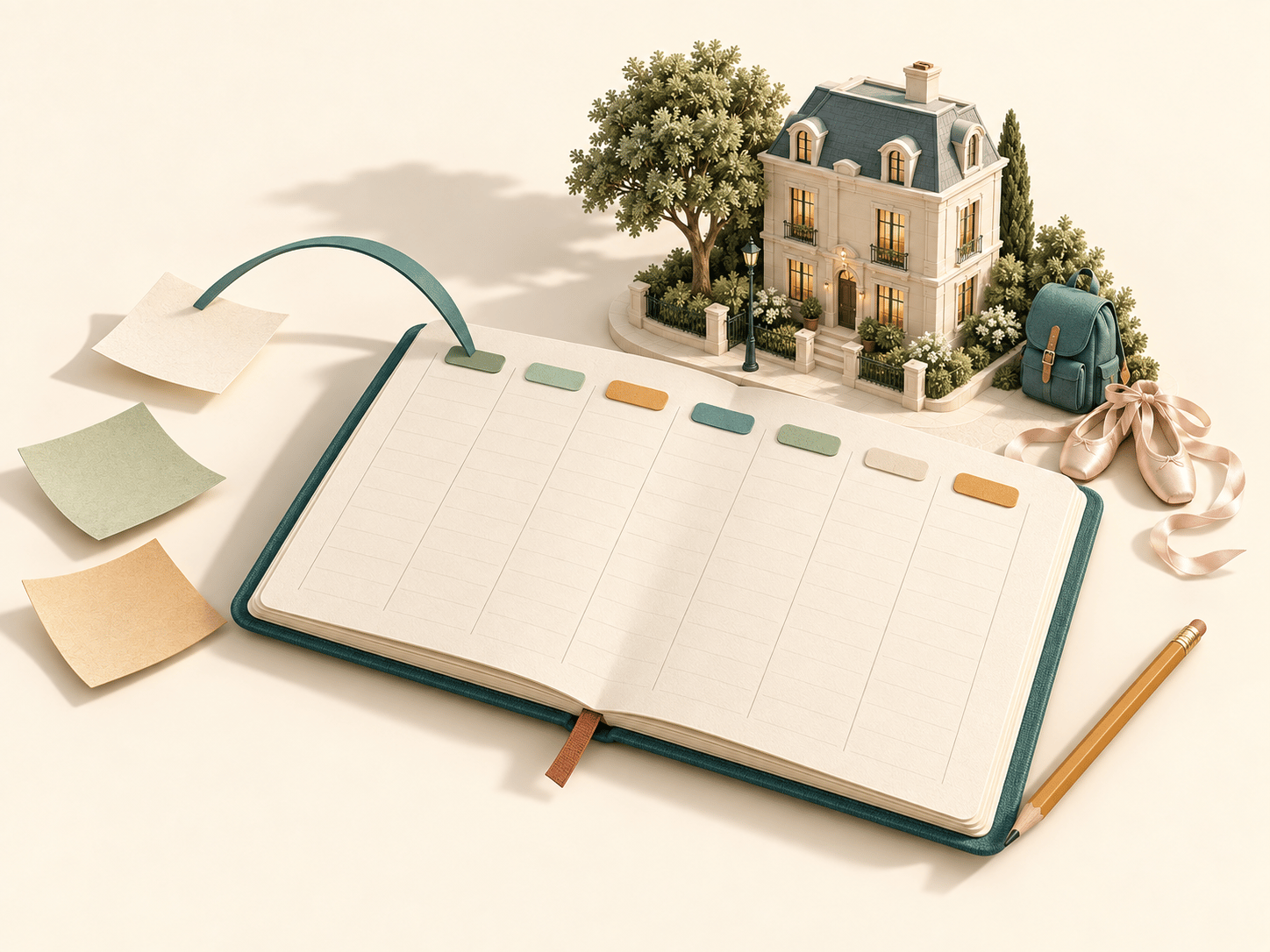 Illustrated miniature home, school bag and weekly planner